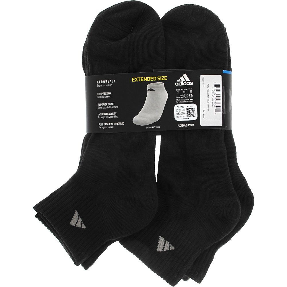 Adidas Mens 6 Pack Quarter Athletic Socks Black View 3
