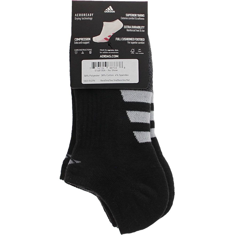 Adidas 3 Pack No Show 9-11 Socks Black Onix Grey View 3