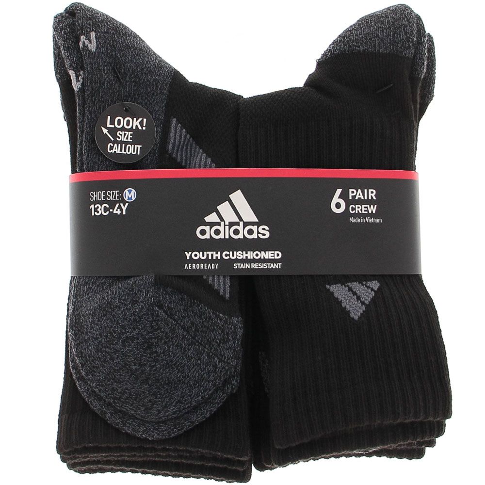 Adidas Youth 6 Pk Crew Socks - Boys | Girls Black Onix Grey View 2