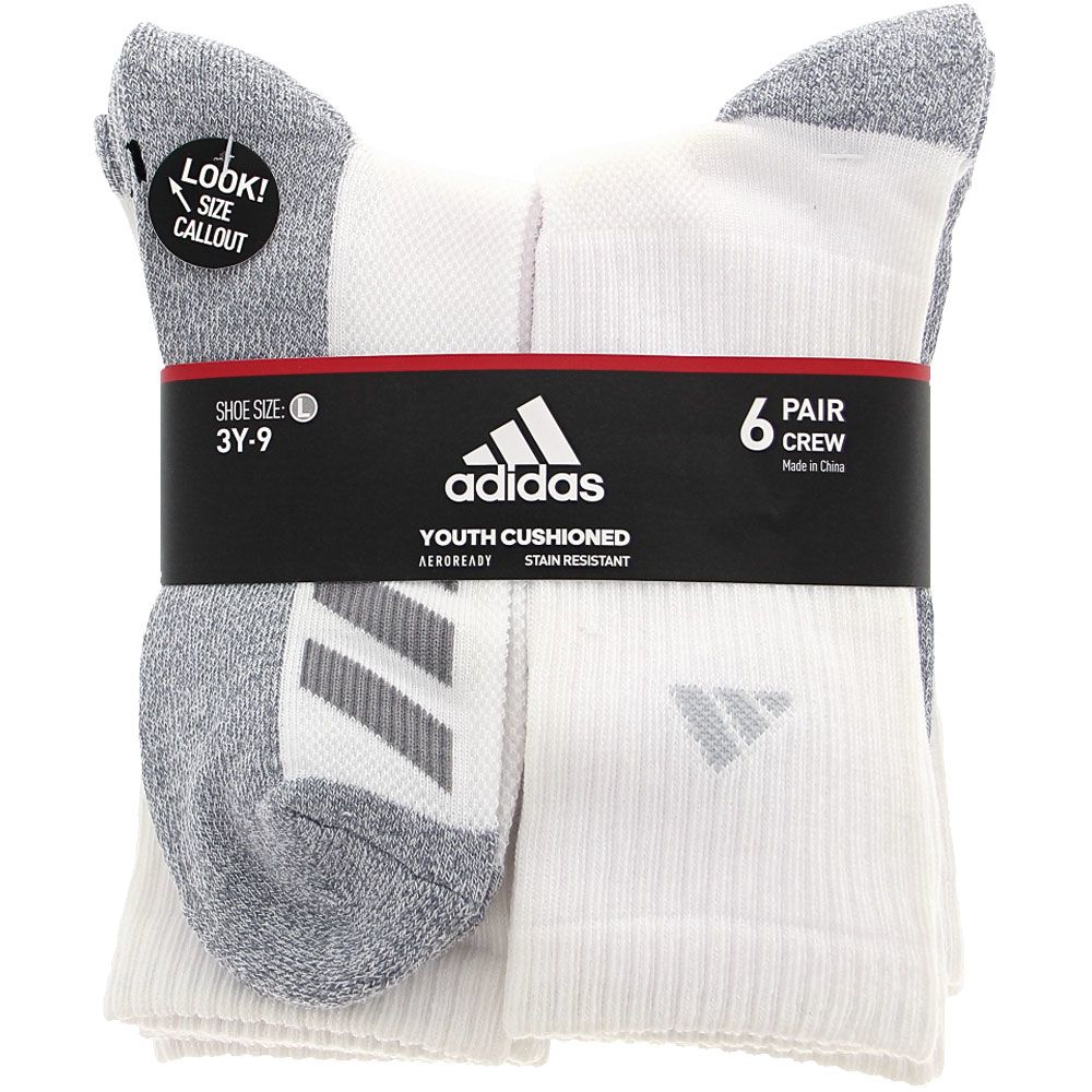 Adidas Youth 6 Pk Crew Socks - Boys | Girls White Grey View 2