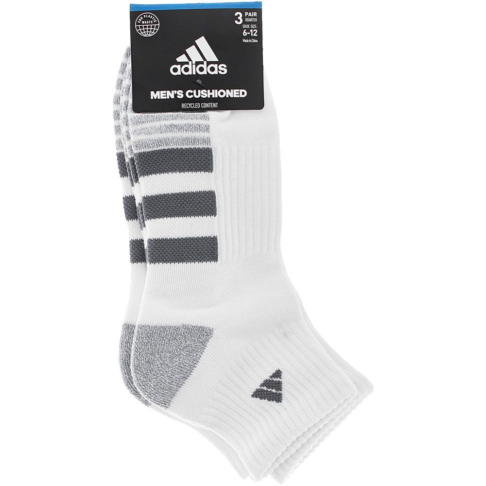 Adidas Cushioned 3 Stripe Mens 3pk Quarter Socks White Grey View 2