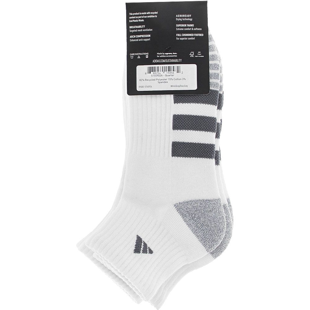 Adidas Cushioned 3 Stripe Mens 3pk Quarter Socks White Grey View 3