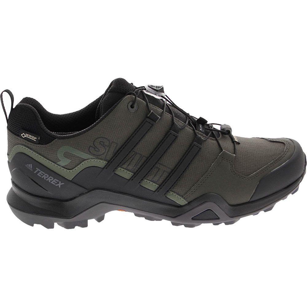 Adidas Terrex Swift R2 Gtx Hiking Shoes - Mens Night Cargo Black Base Green Side View