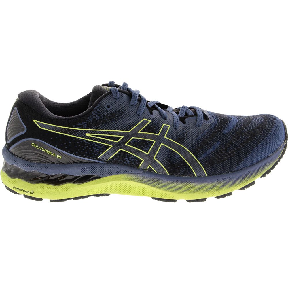 ASICS Gel Nimbus 23 Running Shoes - Mens Thunder Blue Glow Yellow Side View