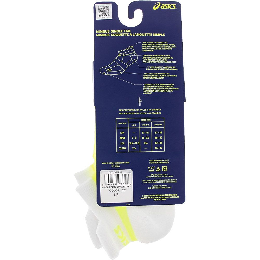 ASICS Nimbus Single Tab Running Socks White Neon Yellow View 3