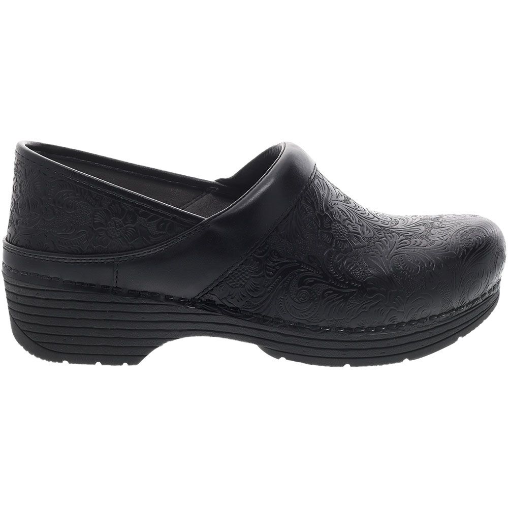 Dansko Lt Pro Casual Clogs - Womens Black Floral Tooled Side View