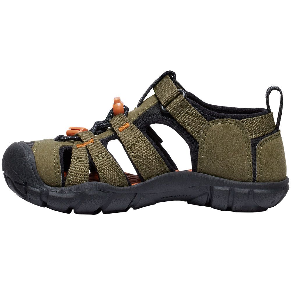 KEEN Seacamp Outdoor Sandals - Boys Dark Olive Gold Flame Back View