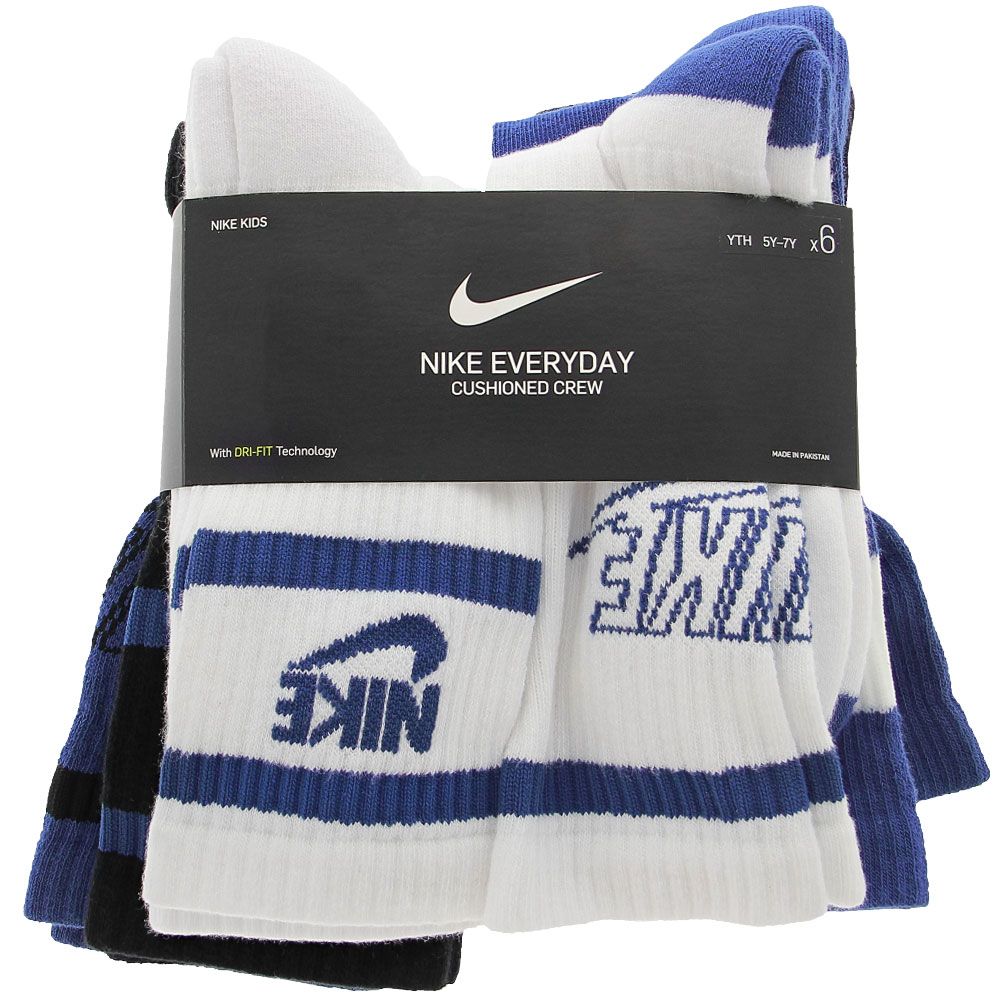 Nike Everyday 6 Pack Youth Crew Socks White Black Blue Assorted View 2