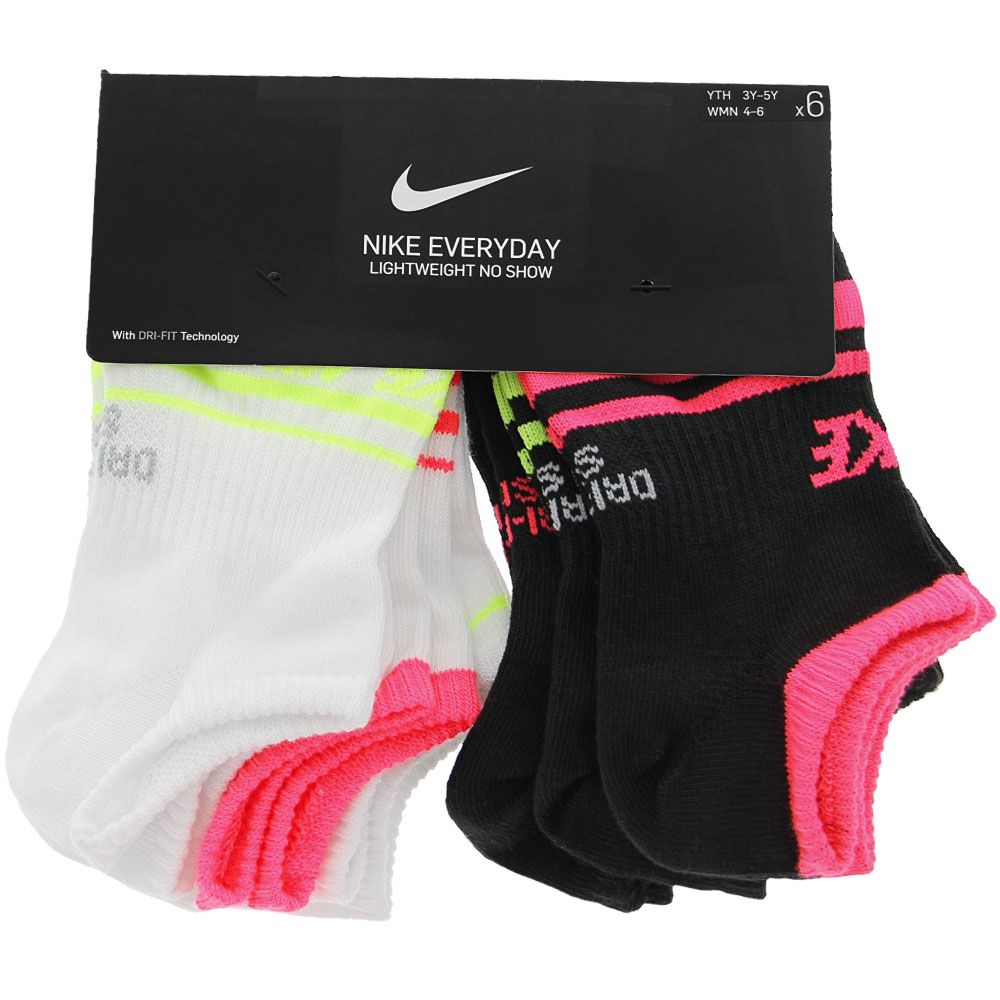 Nike Everyday Lightweight 6 Pk Womens No Show Socks Black White Pink Assorted View 2