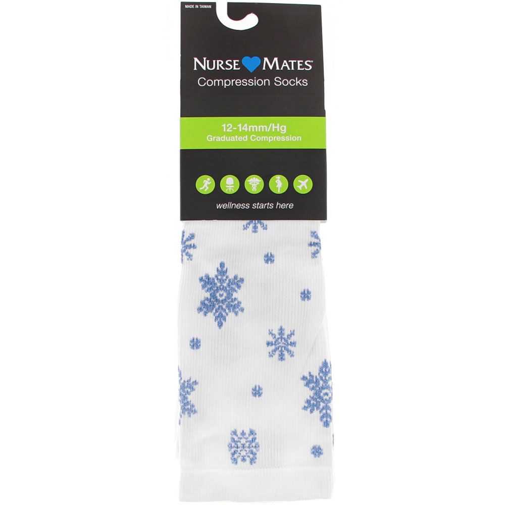 Nurse Mates Crystal Blue Snowflake Compression Socks White Blue View 2