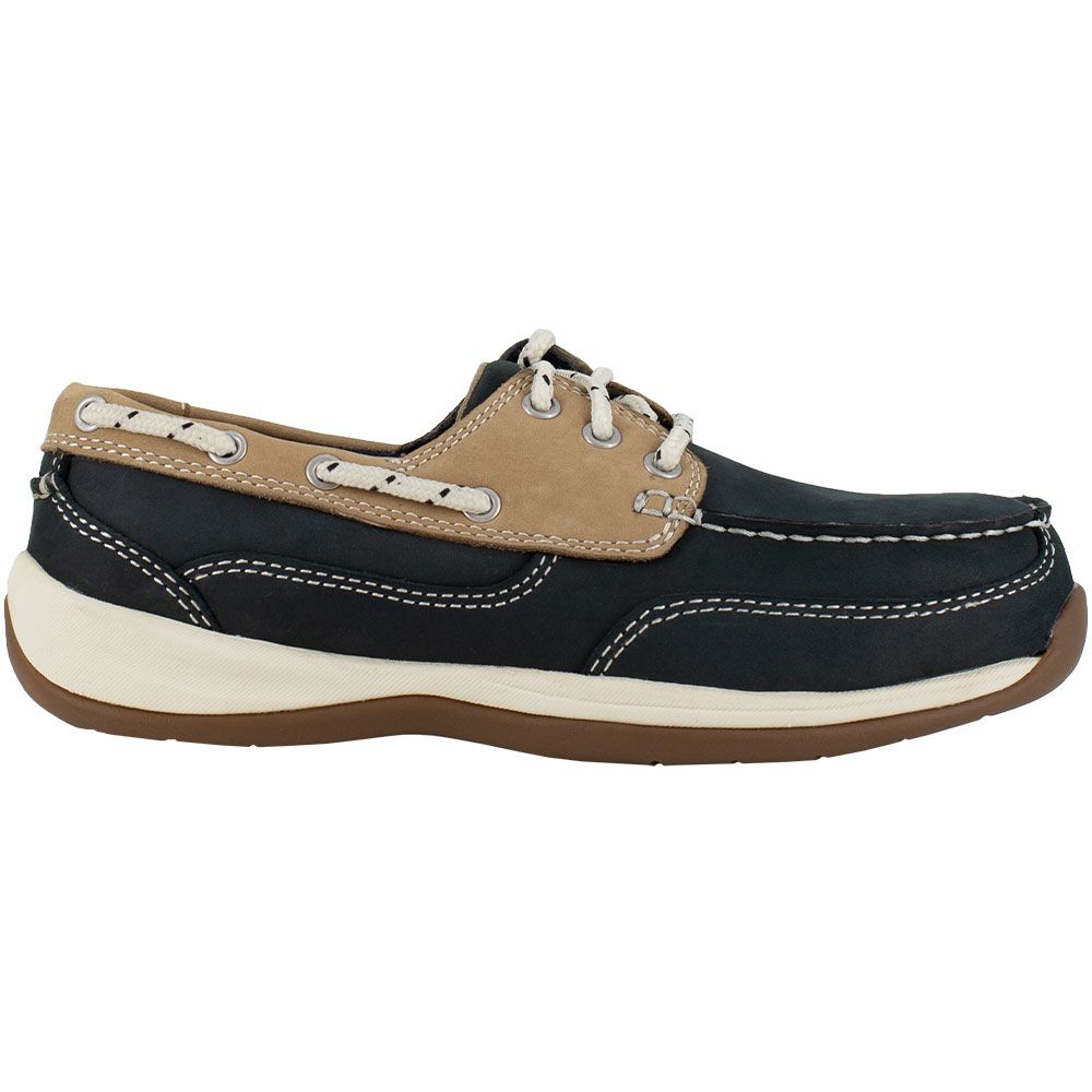 Rockport Rk670 Safety Toe Boat Work Shoes - Womens Navy Blue And Tan Side View