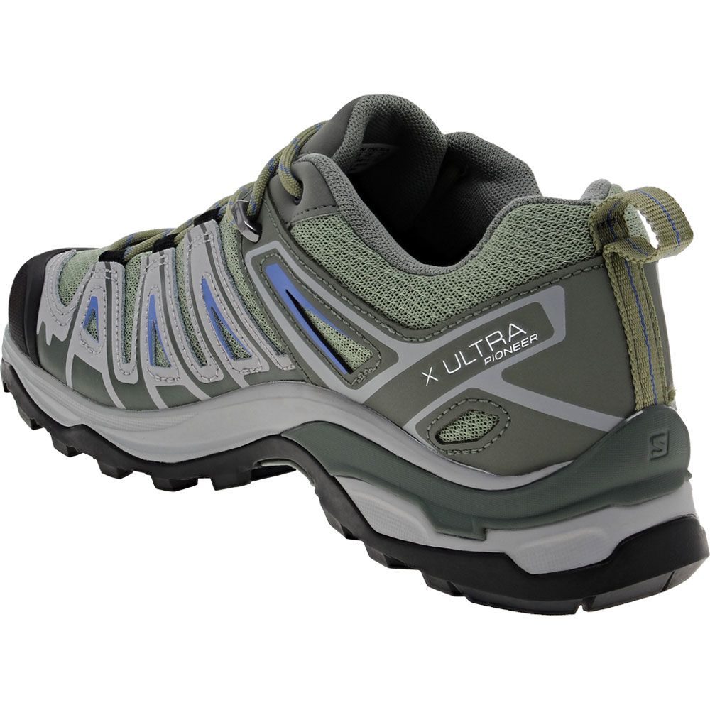 Salomon X Ultra Pioneer Aero Hiking Shoes - Womens Oil Green Castor Grey Amoaro Blue Back View