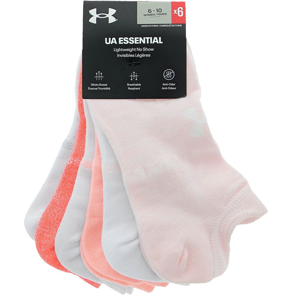 Under Armour Womens Essentials 6pk No Show Socks Pink White Multi Assorted View 2