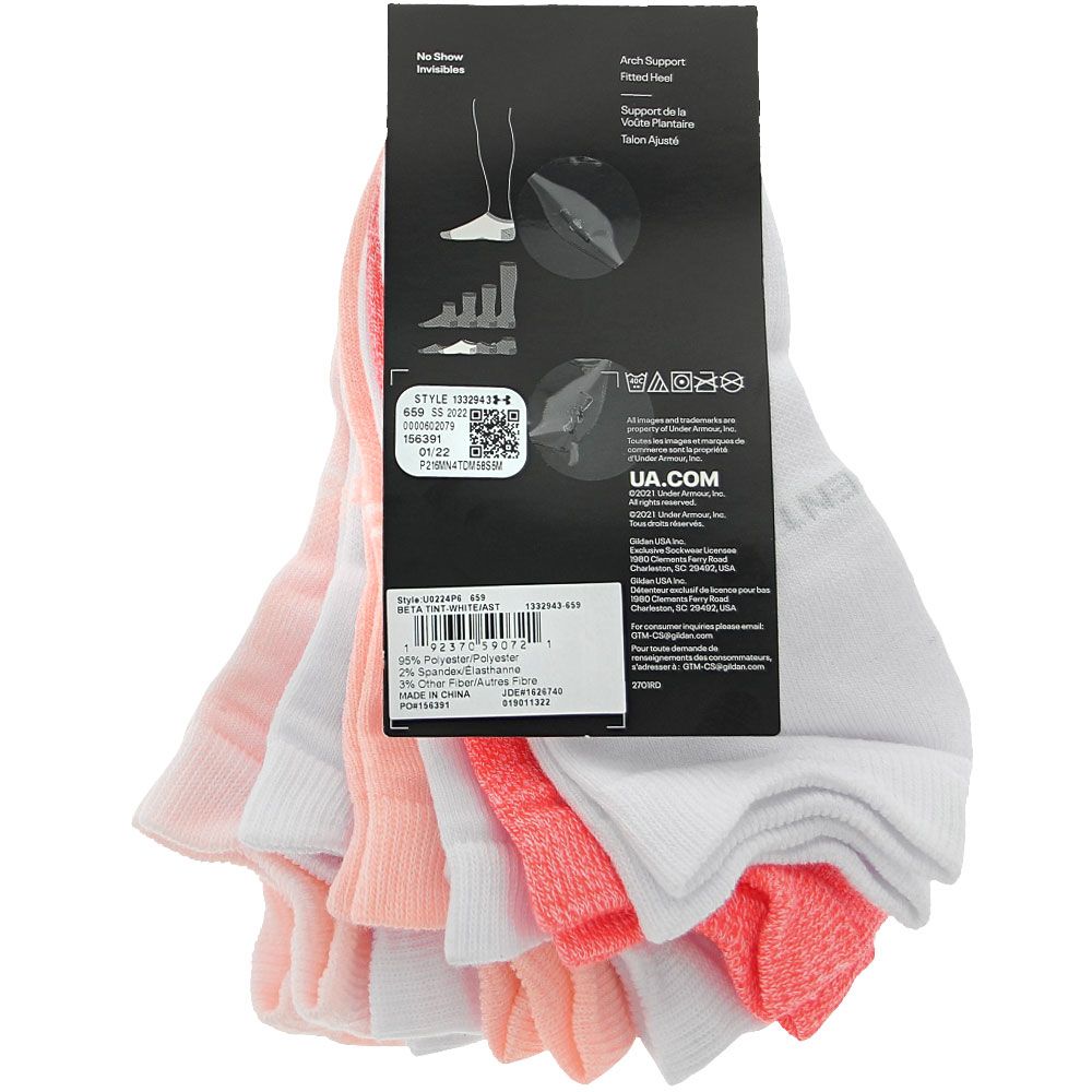 Under Armour Womens Essentials 6pk No Show Socks Pink White Multi Assorted View 3