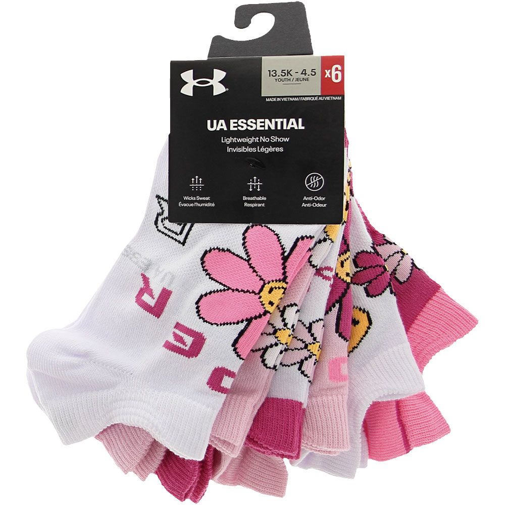 Under Armour Girls Essential No Show Socks White Multi View 2