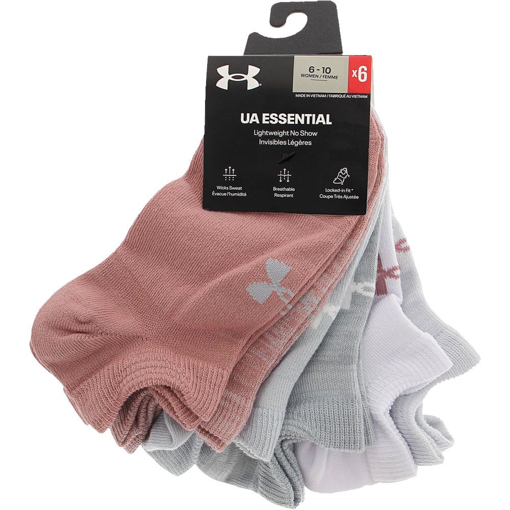 Under Armour Womens Essential No Show 6 Pack Socks Pink View 2
