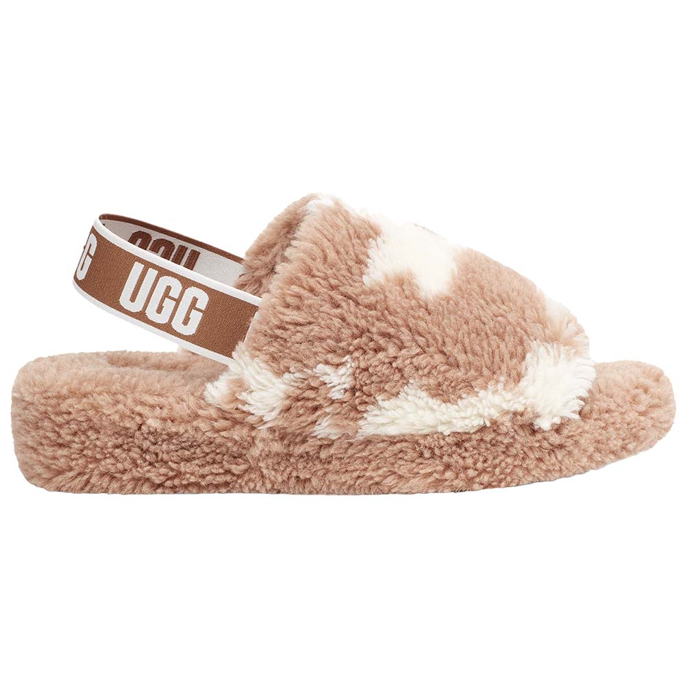 UGG® Fluff Yeah Slide Cow Print Slippers - Womens Brown White Cow Print Side View