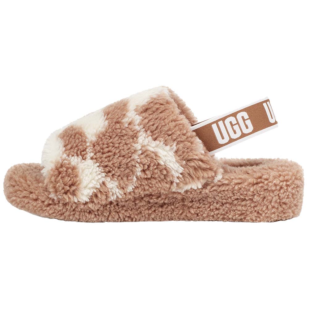 UGG® Fluff Yeah Slide Cow Print Slippers - Womens Brown White Cow Print Back View